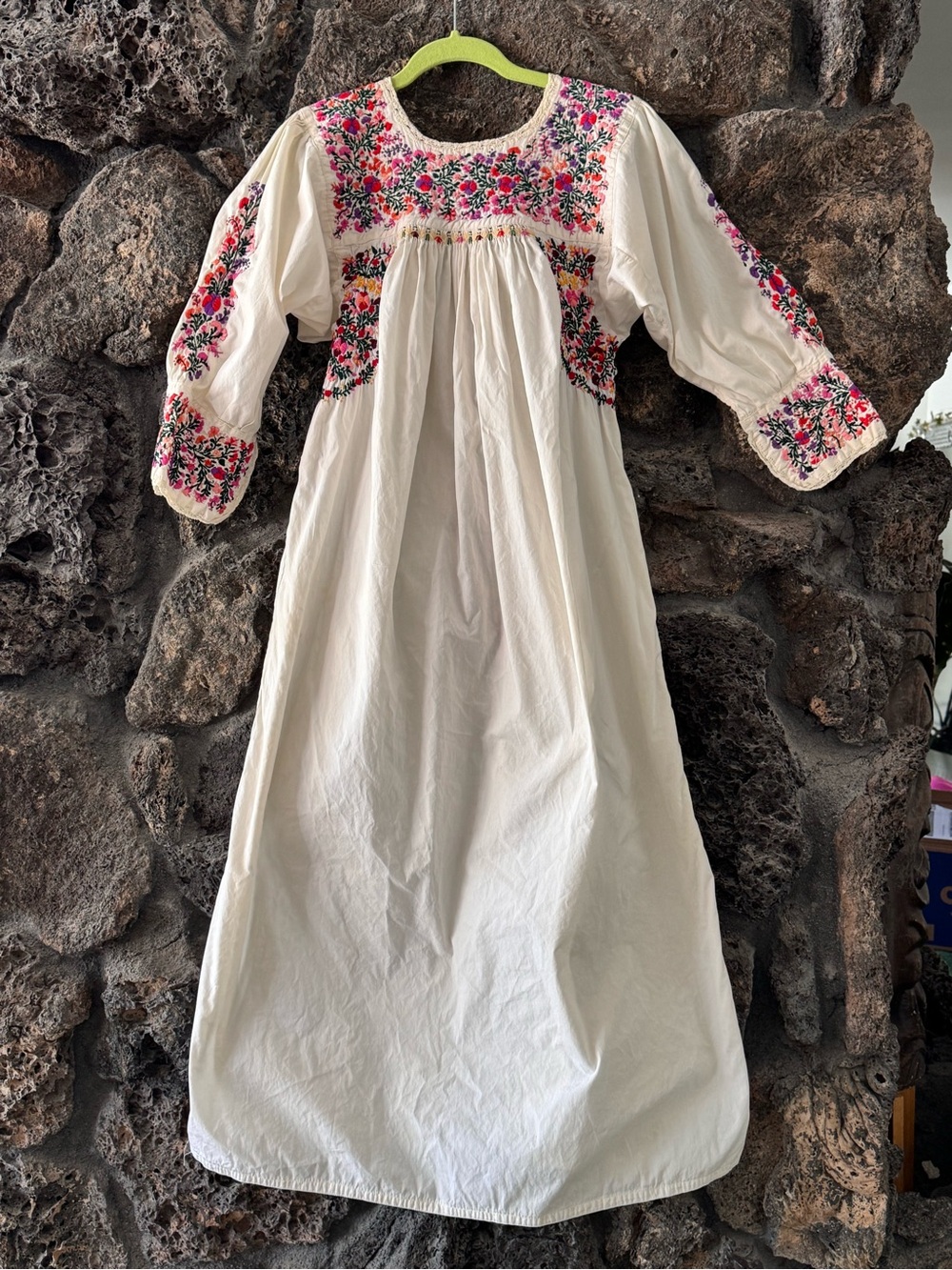 Vintage 60s 70s Cotton Oaxacan Maxi Dress w/ Colorful Floral Hand-Embroidery Med - Picture 3 of 16